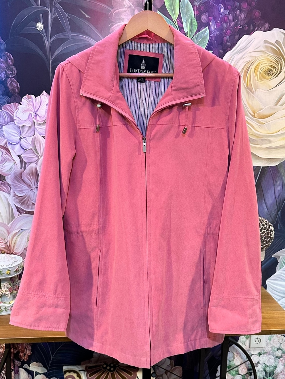 London Fog Large Lightweight Removable Hood Zip Jacket Pink Casual Outerwear